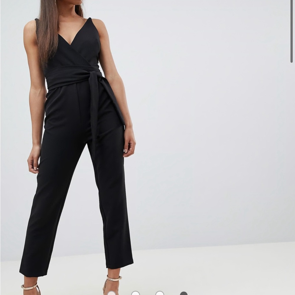 ASOS DESIGN Petite wrap front jumpsuit with peg leg and self belt Size 6P Black